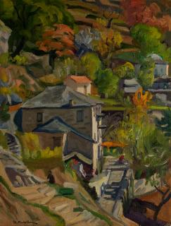 Makrinitsa, Farmhouse, Tree Without Sky — Oil painting, Canvas, 46.00×61.00cm — Theodoros Markellos